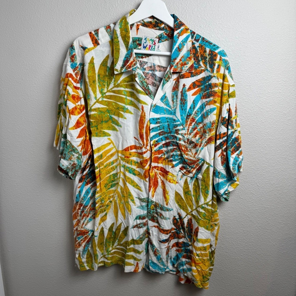 Jams World Tropical Leaf Print Rayon Aloha Shirt XL Relaxed Multicolor Batik